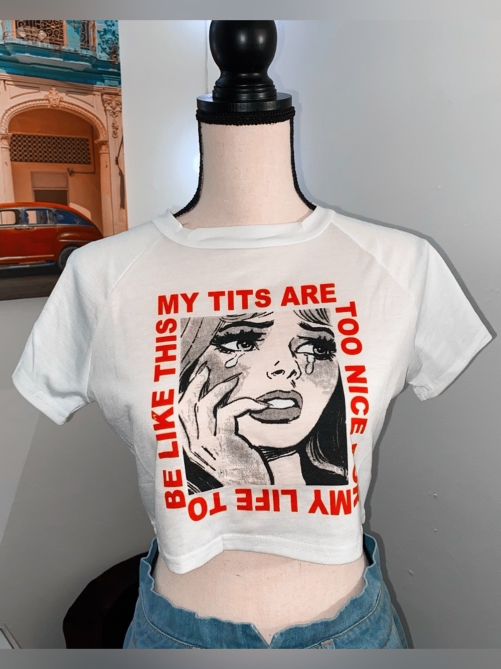 Graphic White Crop Top with Red Typography and Illustration